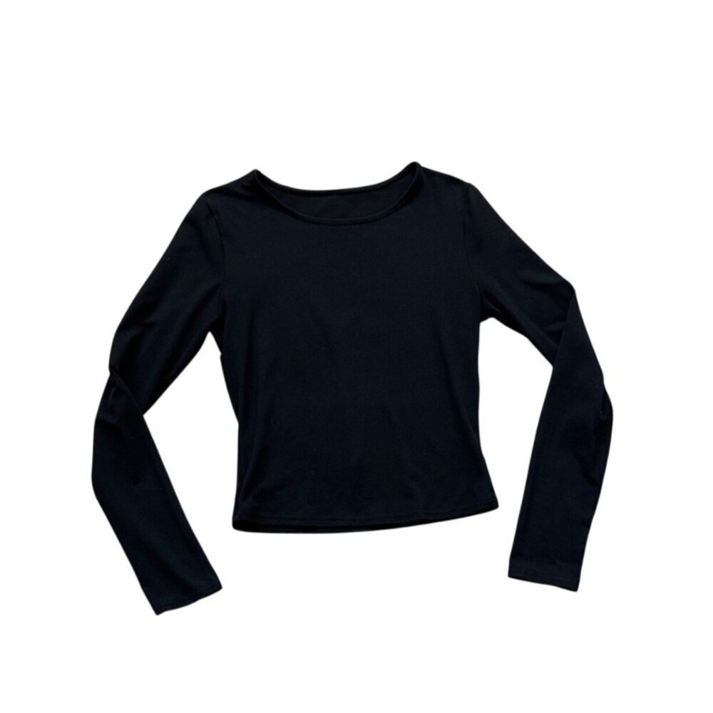 Black Long Sleeve Fitted Crop Top Stretchy Polyester Blend Versatile Layering Pi